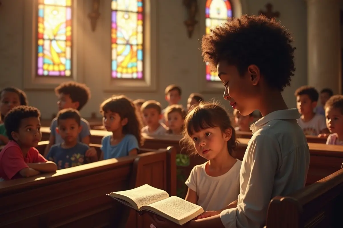 children in church studying