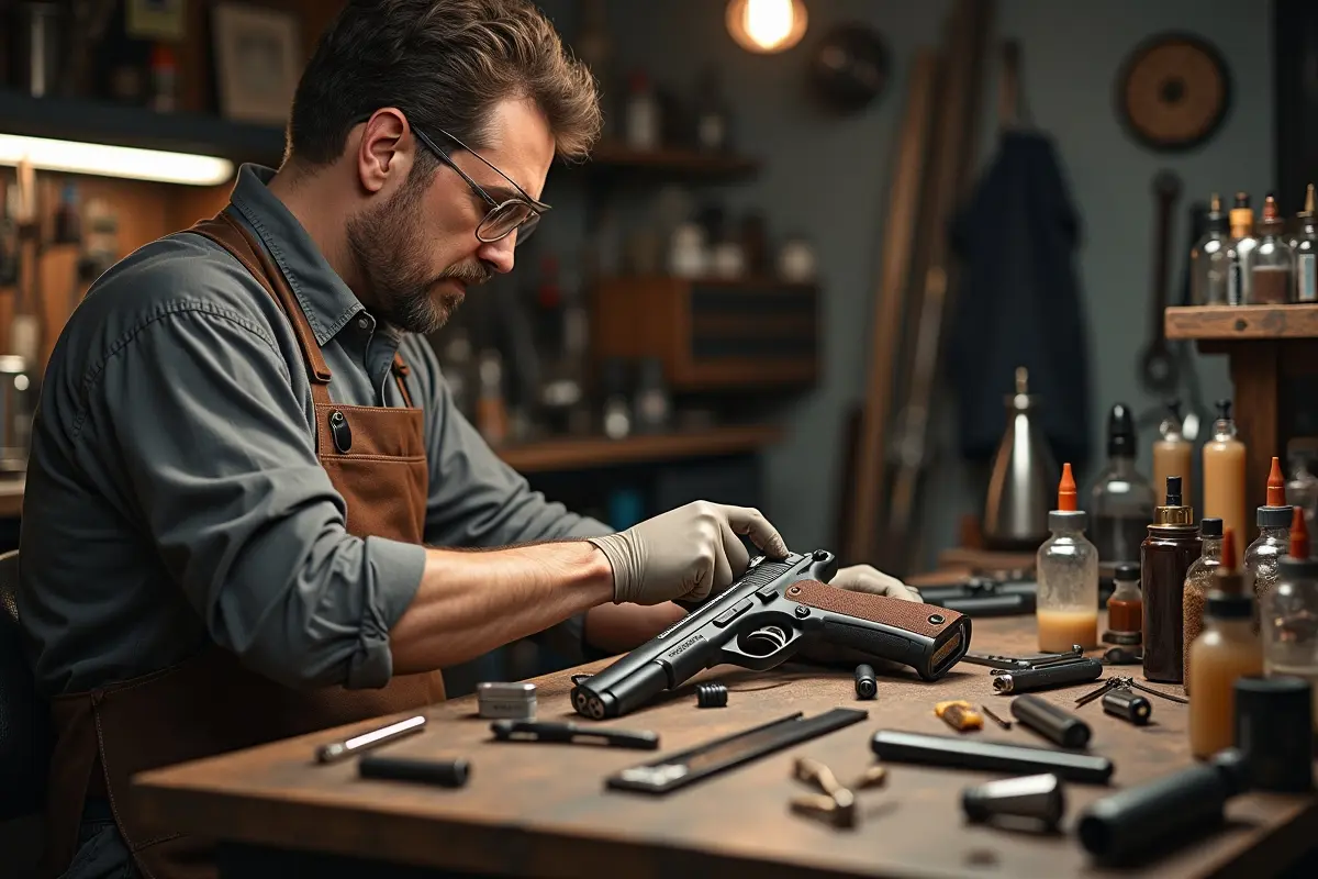 gunsmith is cleaning the gun and disassembling the pistol