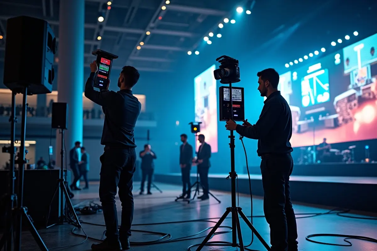 av technicians installing professional audiovisual equipment at venue