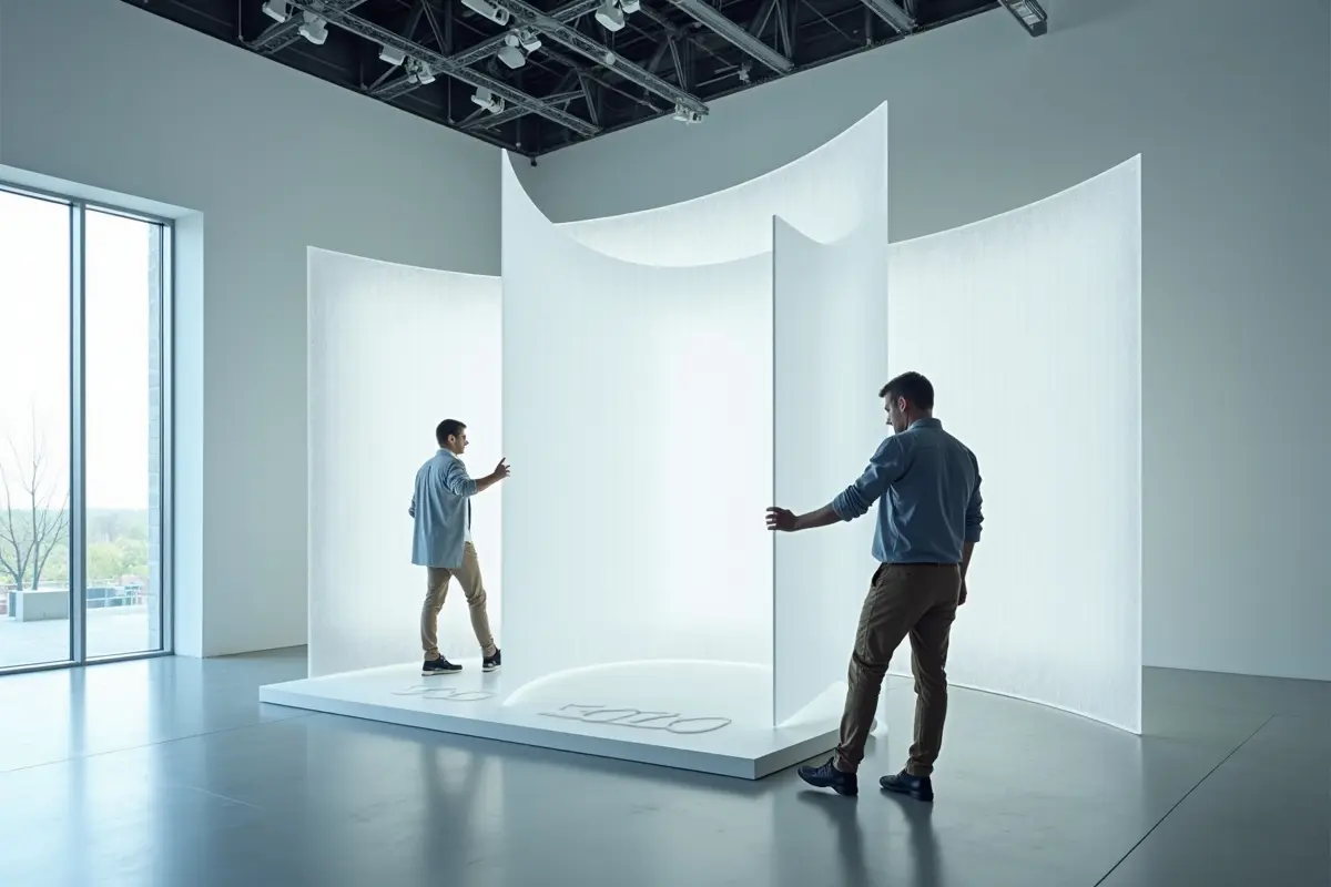 designer using lightweight synthetics in modern exhibition display construction